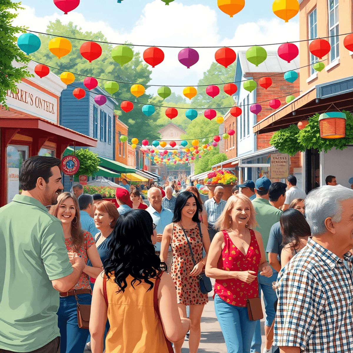 A lively community event with colorful decorations, people mingling and laughing, set against local attractions like farmers' markets and outdoor f...