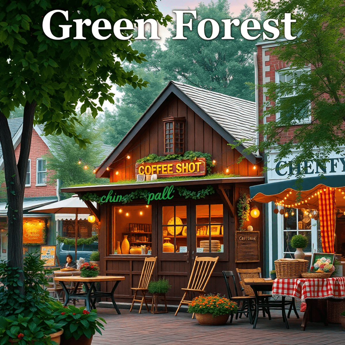 A cozy coffee shop nestled in a lush green setting, with charming local architecture and a vibrant farmers' market in the background, creating a wa...
