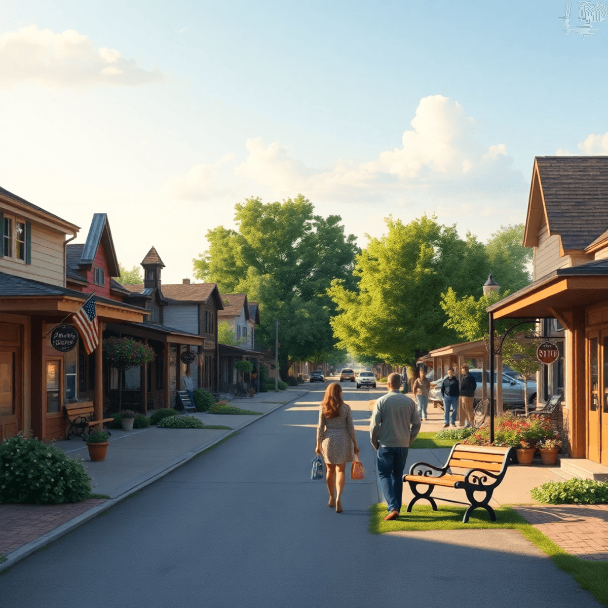 A quaint small-town street in Dermott, Arkansas, with cozy homes and local shops. A couple walks hand-in-hand nearby, surrounded by greenery, evoki...
