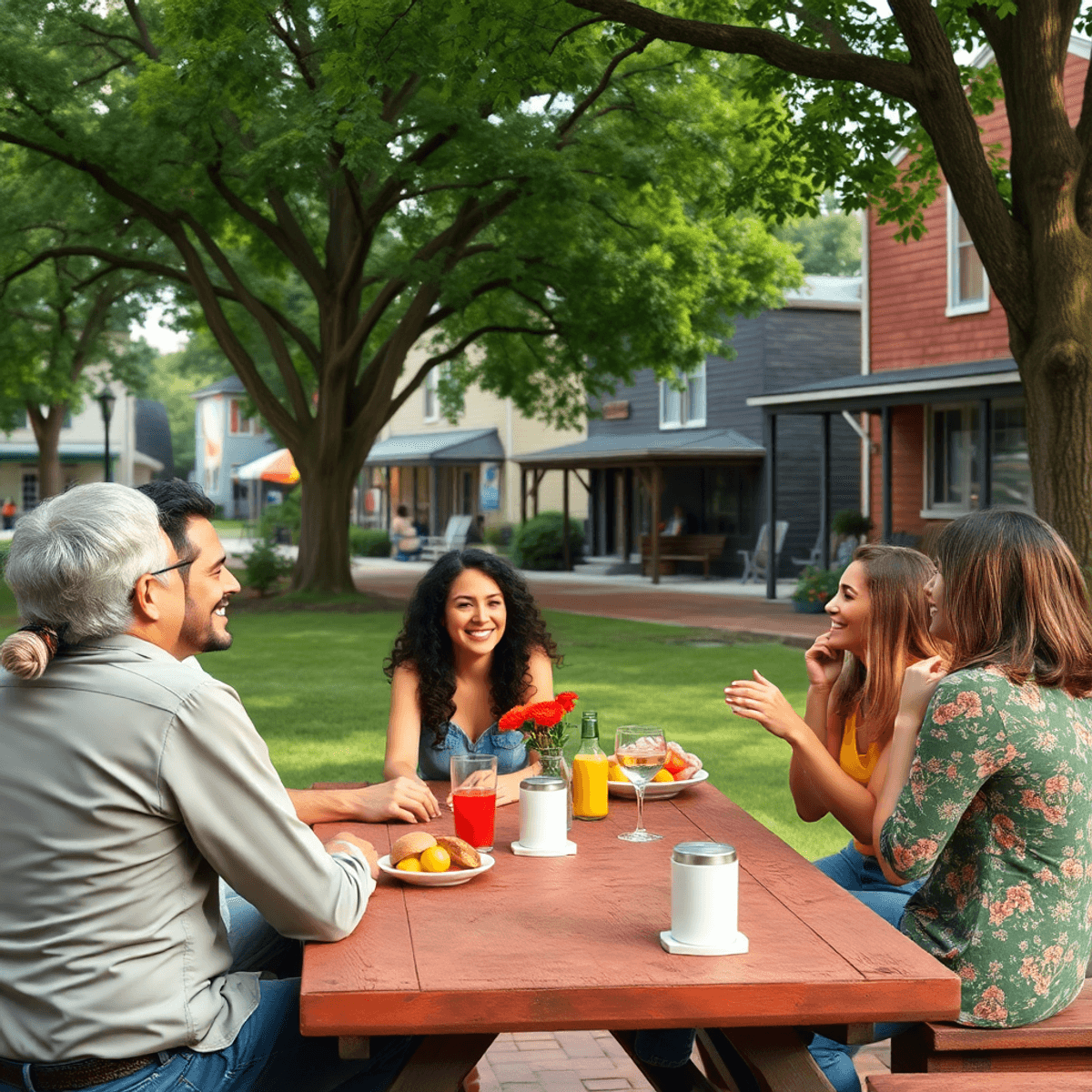 A cozy park scene in Dover, Arkansas, with people enjoying a picnic and chatting amidst warm colors, trees, and quaint buildings, reflecting Southe...