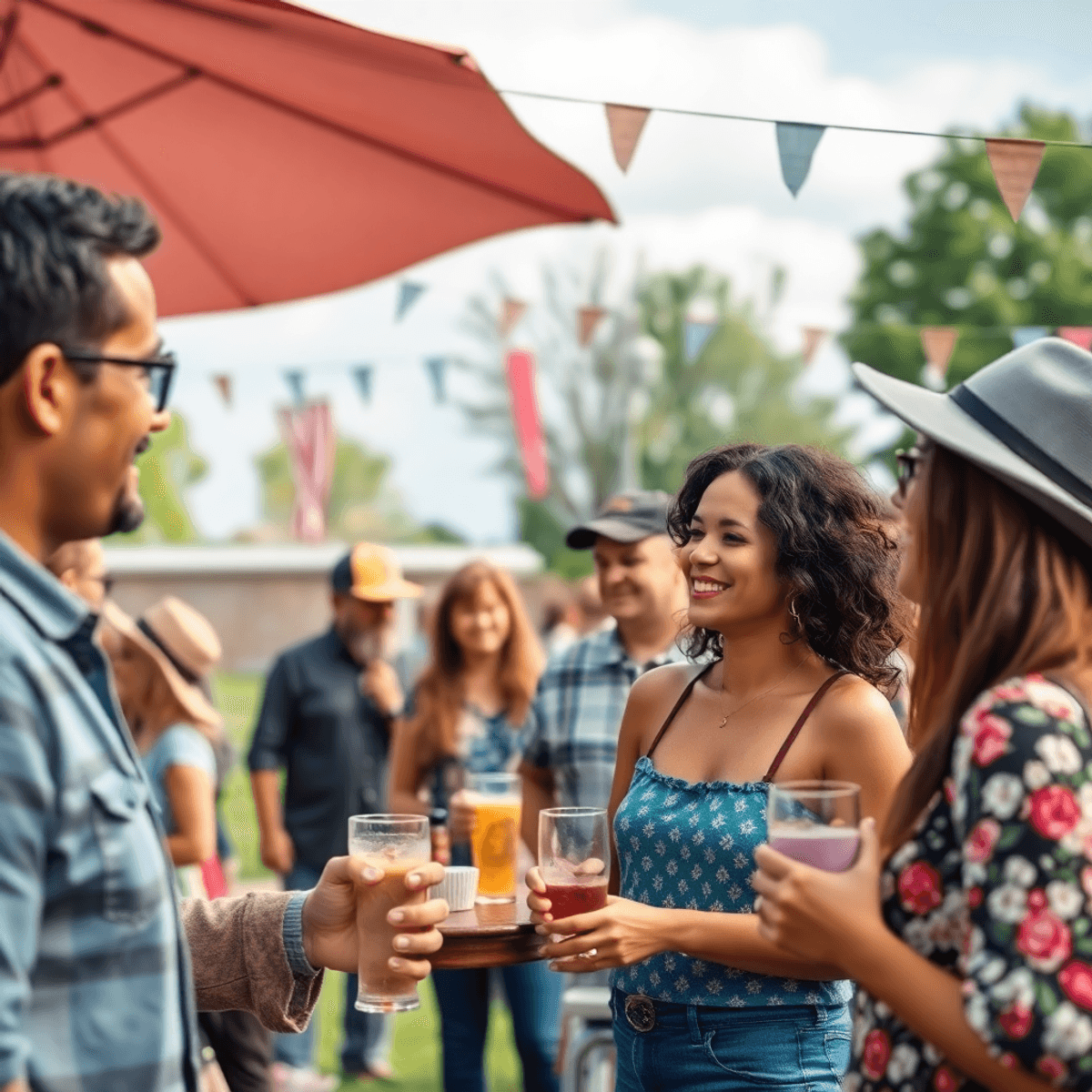 A lively small-town community gathering in a picturesque park, featuring people engaging in friendly conversations and laughter, embodying Southern...