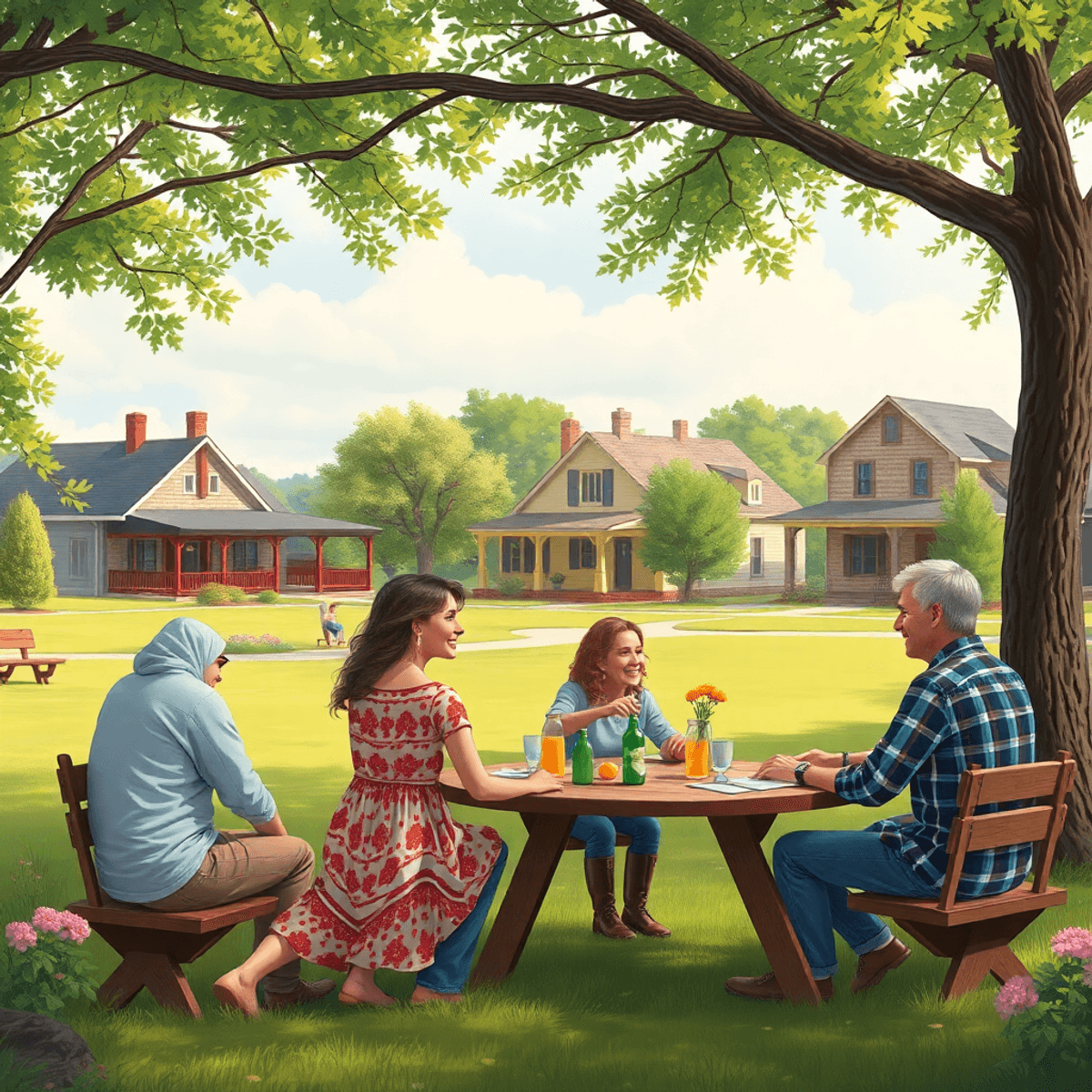 A cozy small-town park scene with couples picnicking on the grass, surrounded by lush greenery and charming homes, radiating warmth and community s...