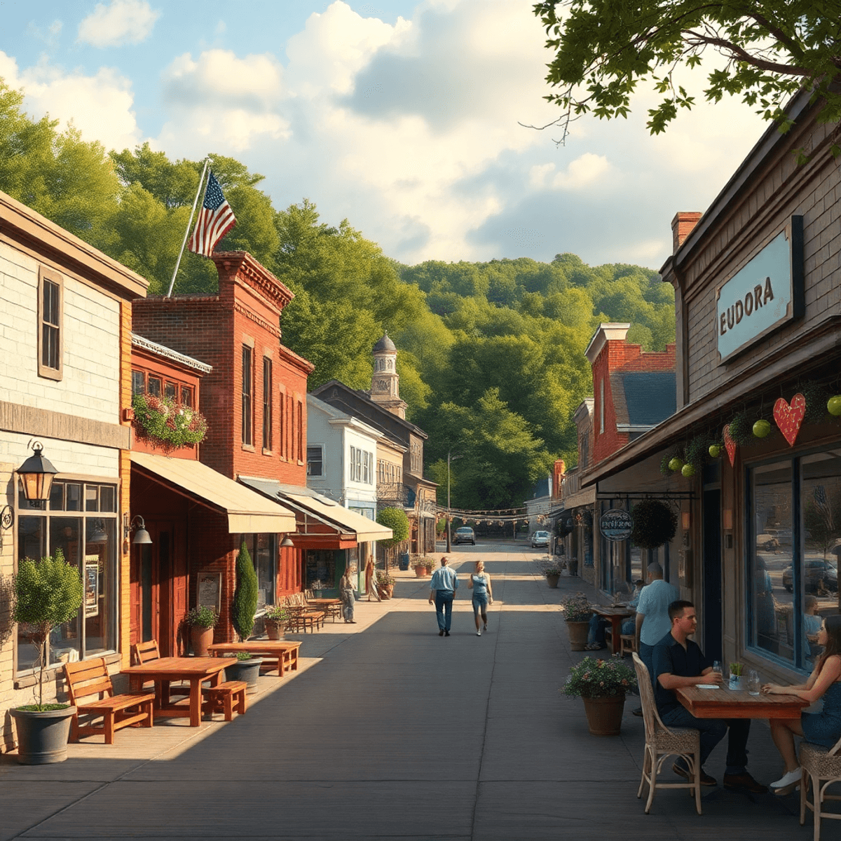 A charming small-town scene in Eudora, Arkansas, showcasing a cozy café, a community park, and vibrant local event decorations, exuding a warm and ...