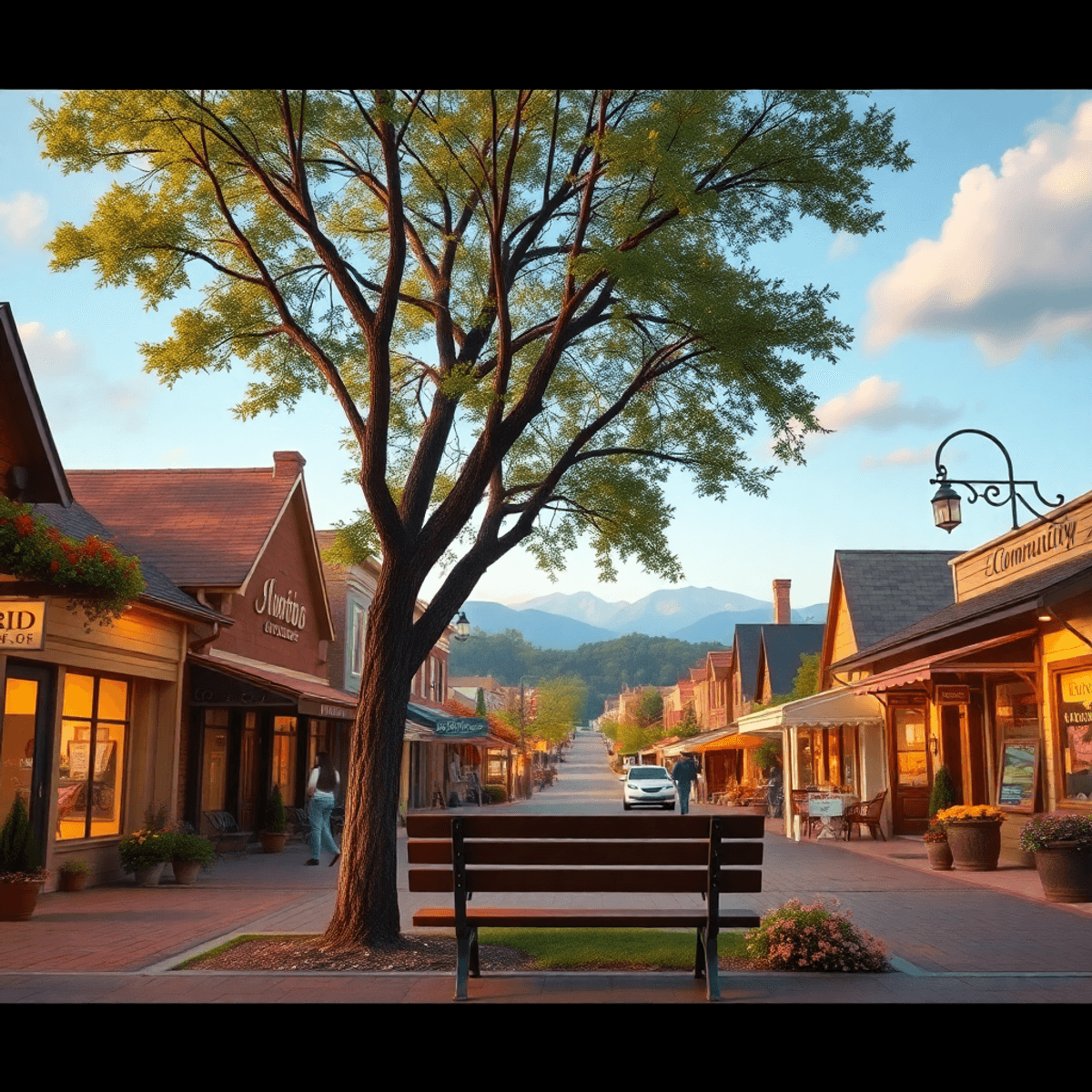 A scenic small town with cozy streets and local shops, featuring a park bench under a tree, soft lighting, and a warm, inviting atmosphere.