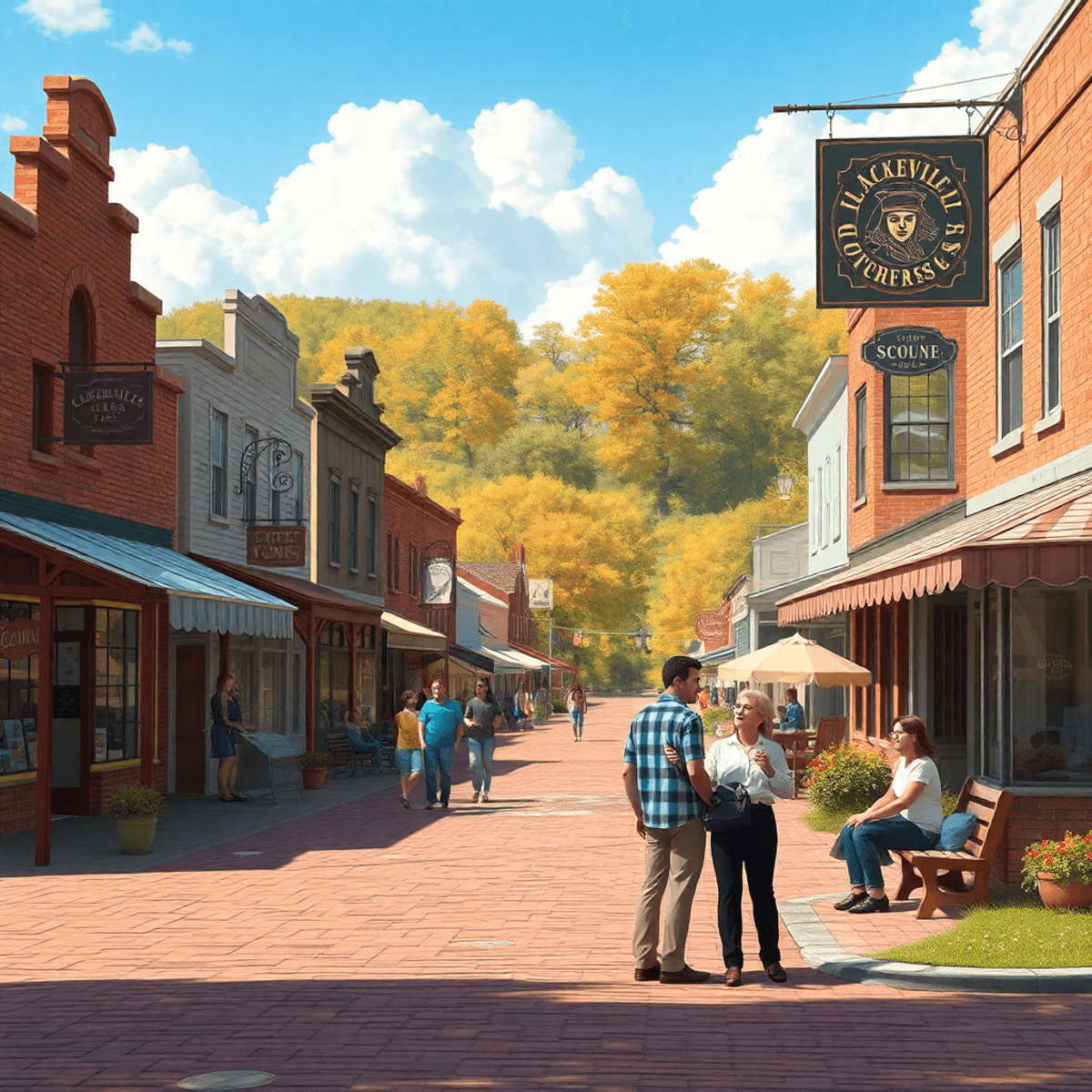 A charming small-town main street in Leachville, Arkansas, featuring local shops and a park where couples enjoy each other's company, evoking warmt...