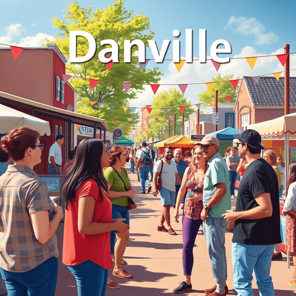 A lively outdoor community gathering in Danville, Arkansas, showcasing singles chatting, food stalls, colorful decorations, and a warm, inviting at...
