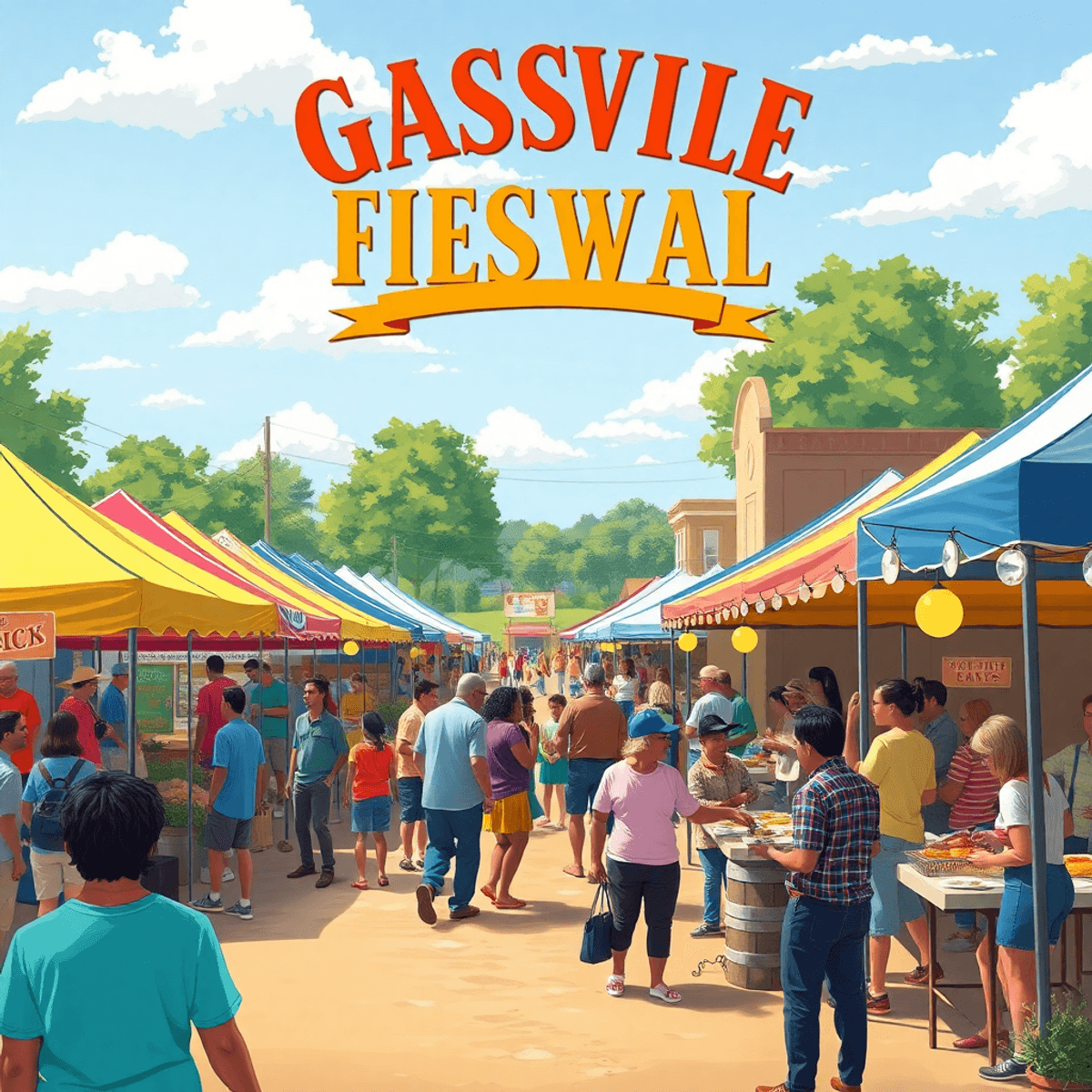 A lively small-town festival scene with colorful tents, people enjoying live music and food, fishing rods, and local vendors creating a warm, frien...