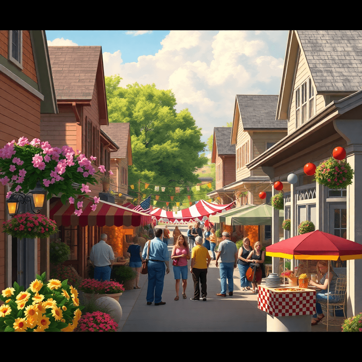 A cozy small-town scene in Kensett, Arkansas, showcasing quaint houses, blooming flowers, and a lively festival with colorful decorations, food sta...