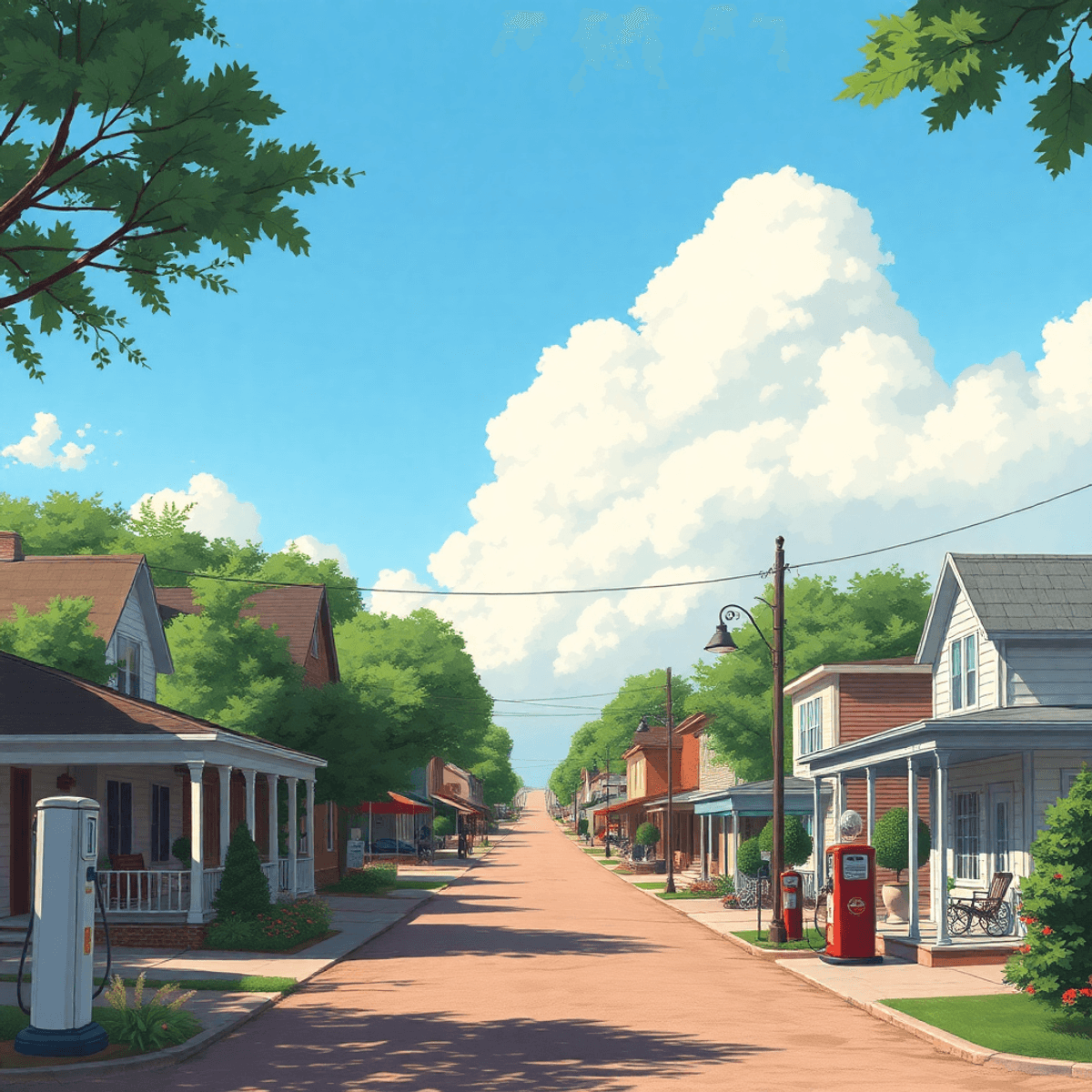 A charming small-town street in Smackover, Arkansas, with cozy houses, greenery, and a vintage gas station, evoking warmth and community connection.