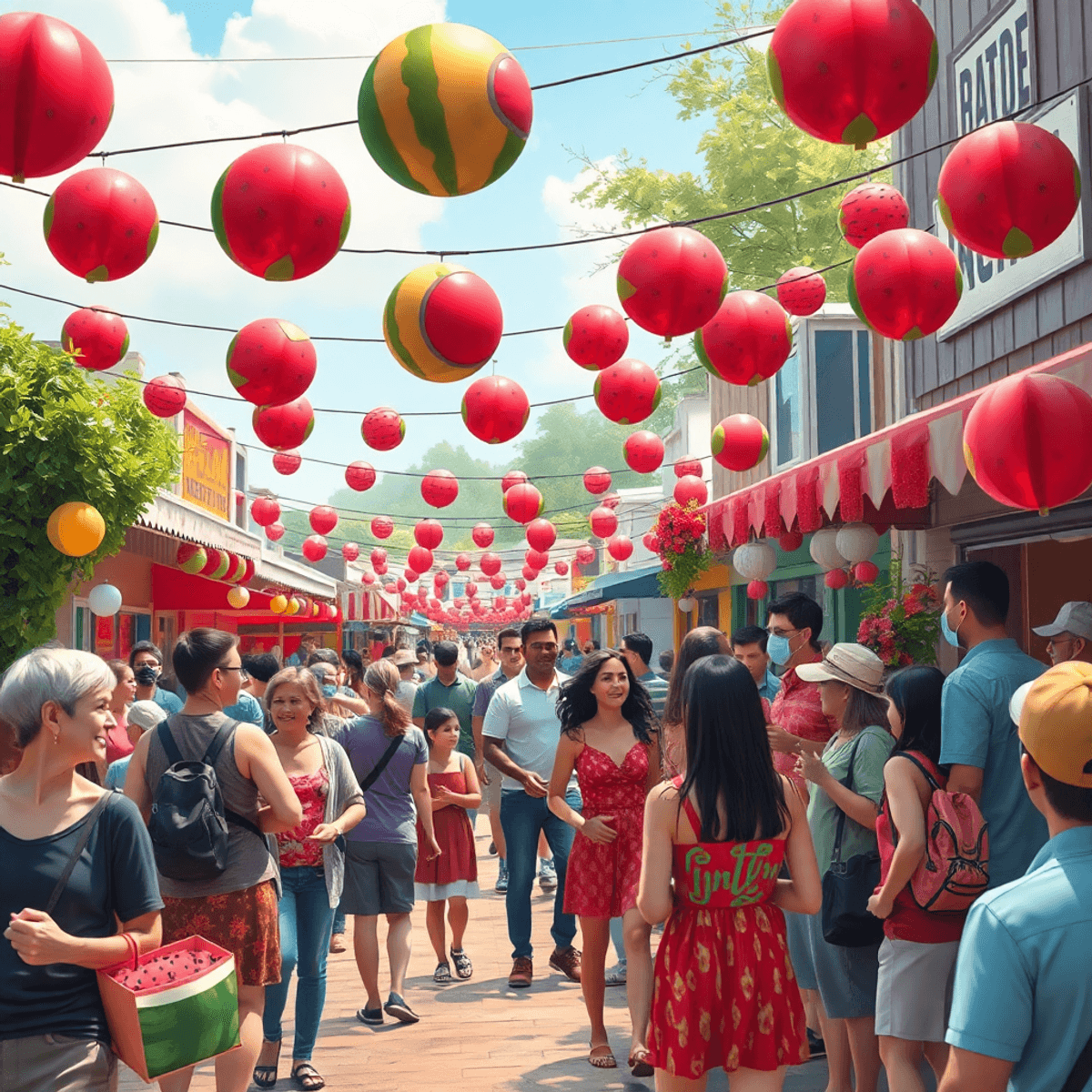 A lively small-town festival with colorful watermelon decorations, locals enjoying festivities, and a warm atmosphere filled with joyful interactio...