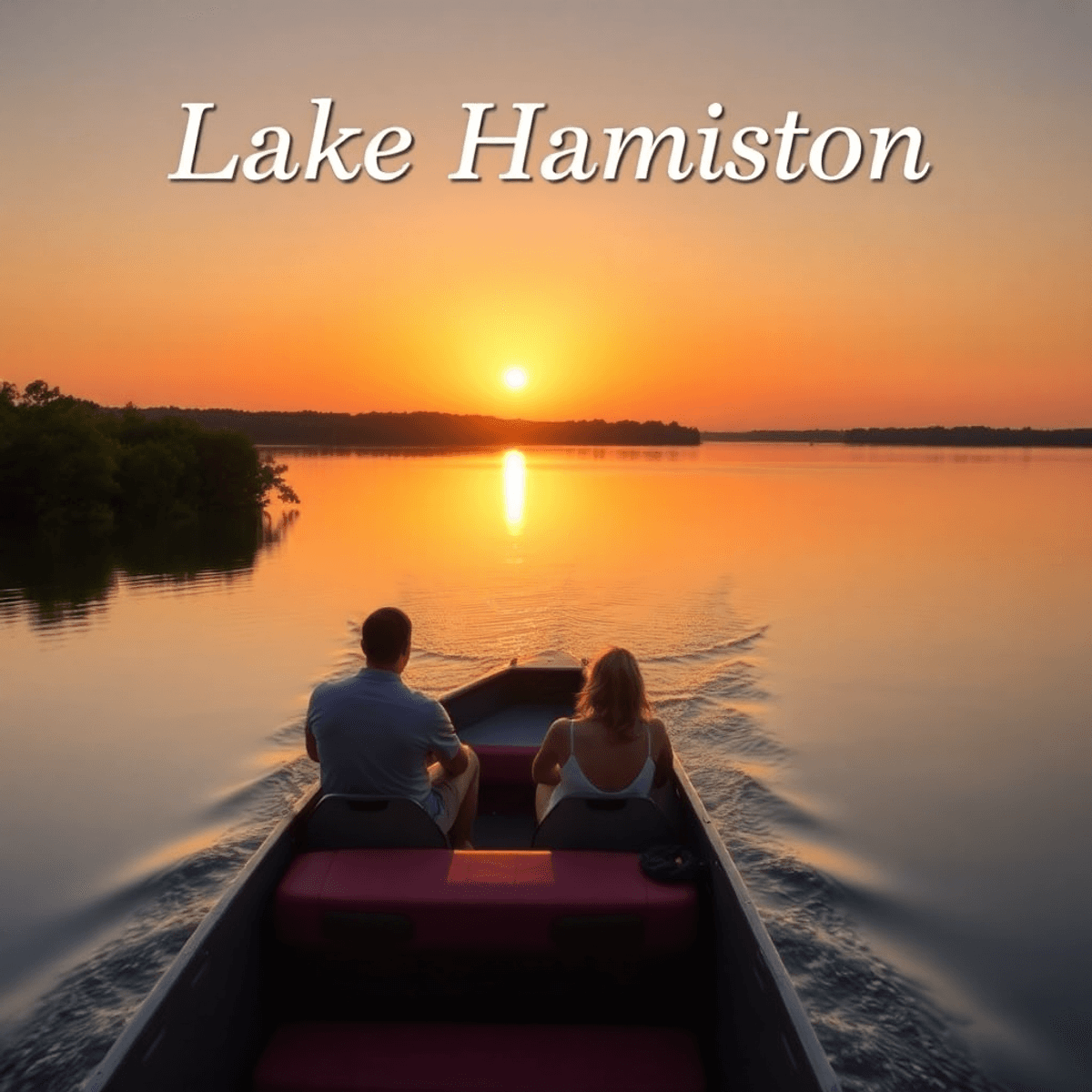 A couple enjoys a boat ride on Lake Hamilton at sunset, surrounded by lush greenery, capturing a romantic and adventurous small-town atmosphere.