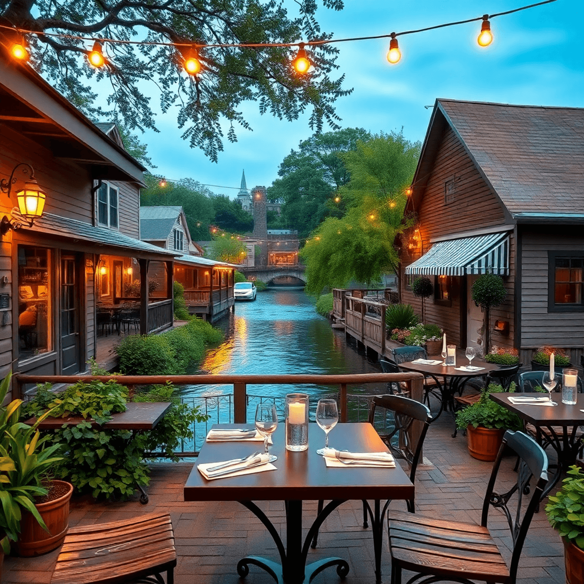 A cozy small-town restaurant by a river, with outdoor seating for two surrounded by greenery and warm lighting, creating a romantic and inviting at...