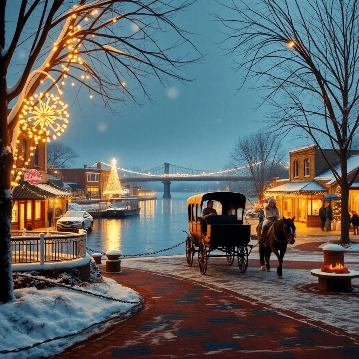 A cozy winter riverfront scene with sparkling lights, a horse-drawn carriage, quaint shops, and festive decorations, creating a romantic atmosphere.