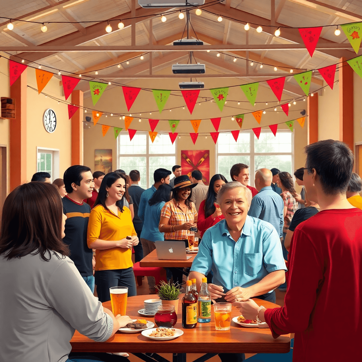A lively community center gathering with people engaged in conversation, surrounded by string lights and colorful banners, enjoying drinks and snac...