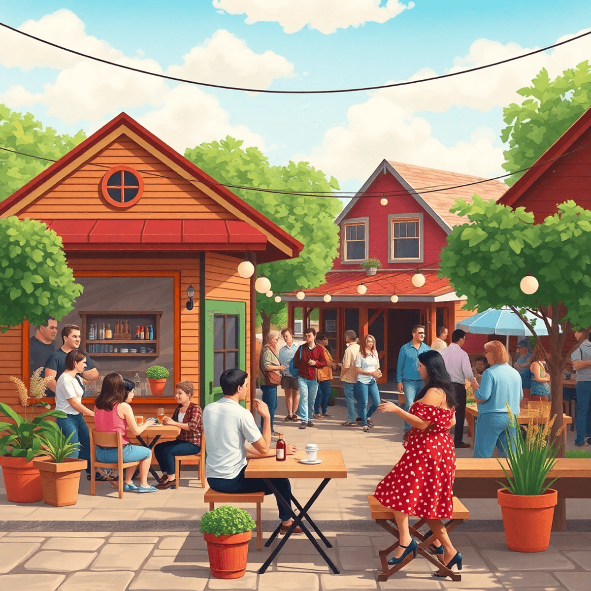A lively small-town scene in Van Buren, Arkansas, showcasing a cozy coffee shop with people mingling and outdoor spaces for community events and co...