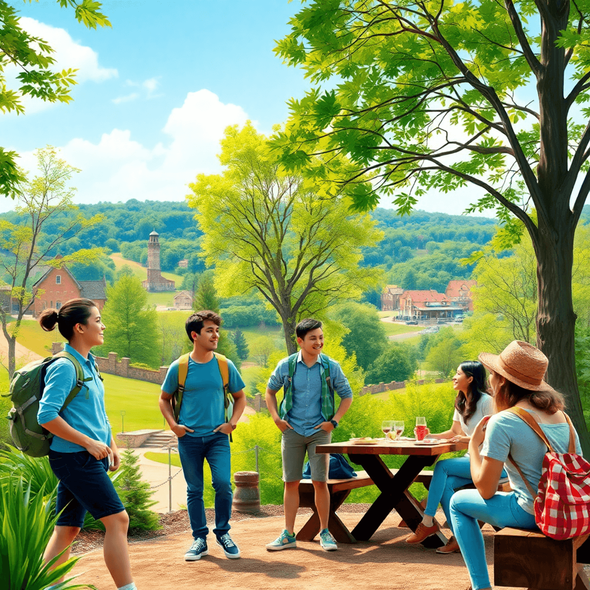 A picturesque park in Forrest City, Arkansas, with people enjoying hiking and picnicking, surrounded by lush greenery and scenic views, radiating c...