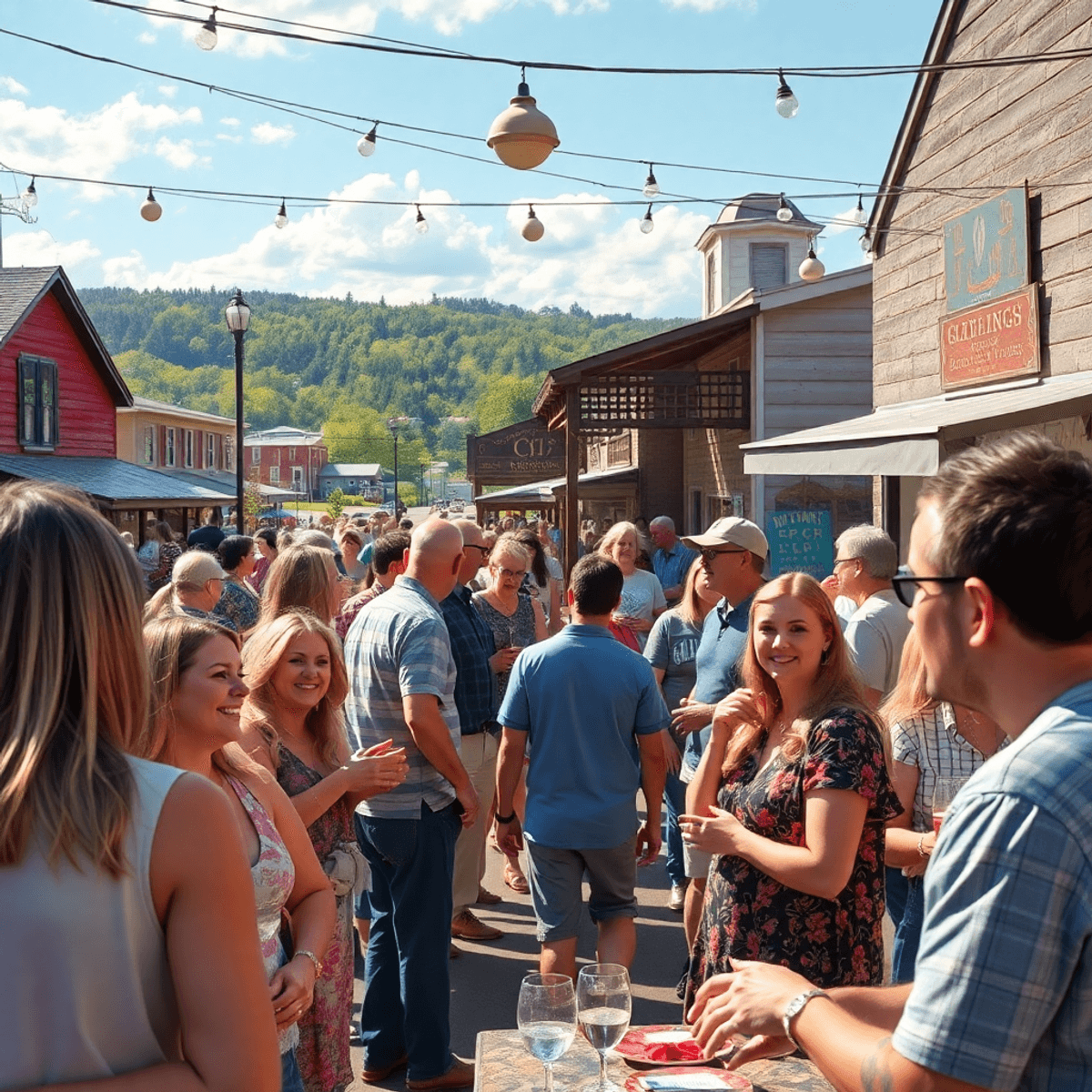 A lively small-town community event in Siloam Springs, with people chatting and participating in activities amidst beautiful local scenery and an i...
