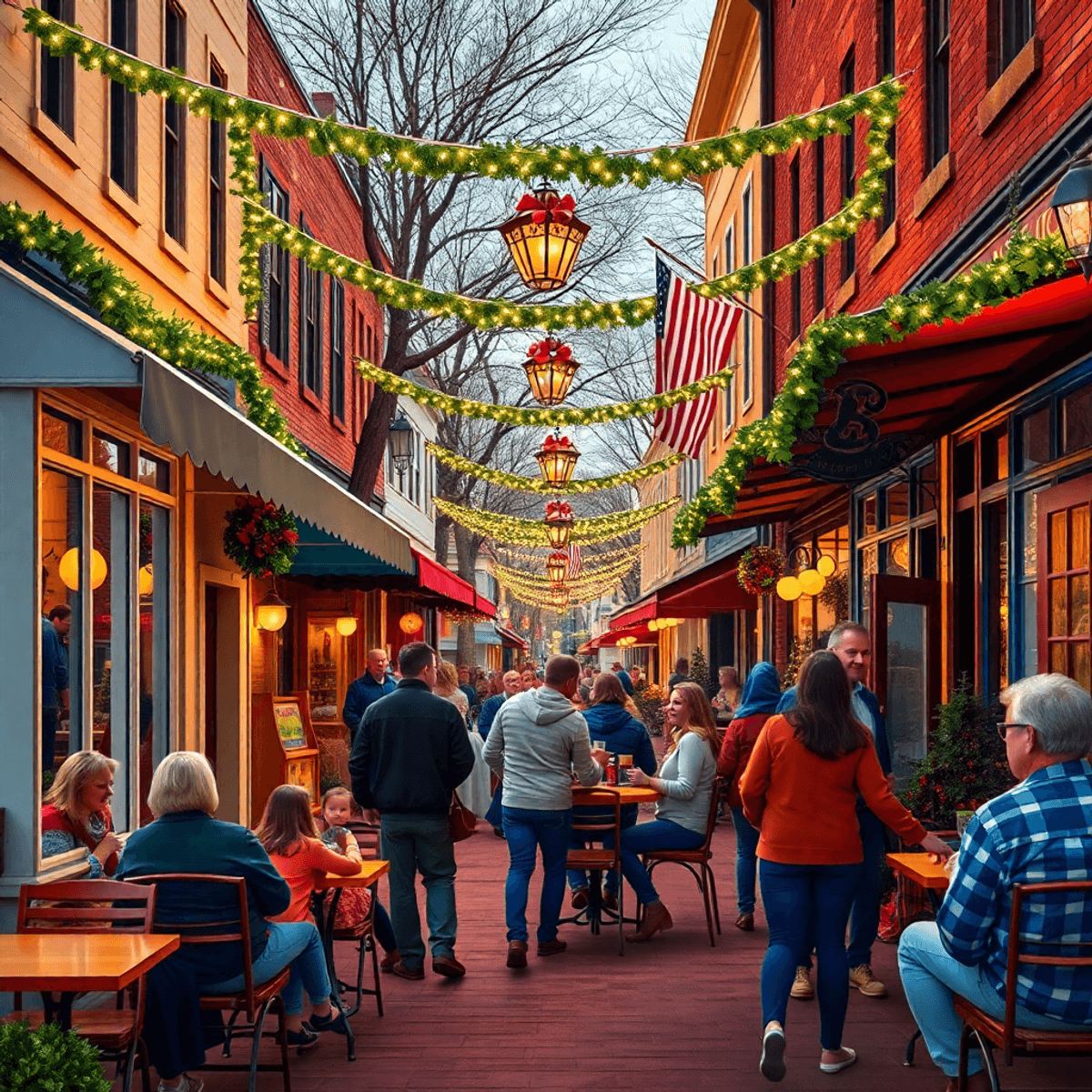A lively small-town street in Magnolia, Arkansas, filled with bustling cafes and shops, seasonal decorations, and people enjoying community gatheri...