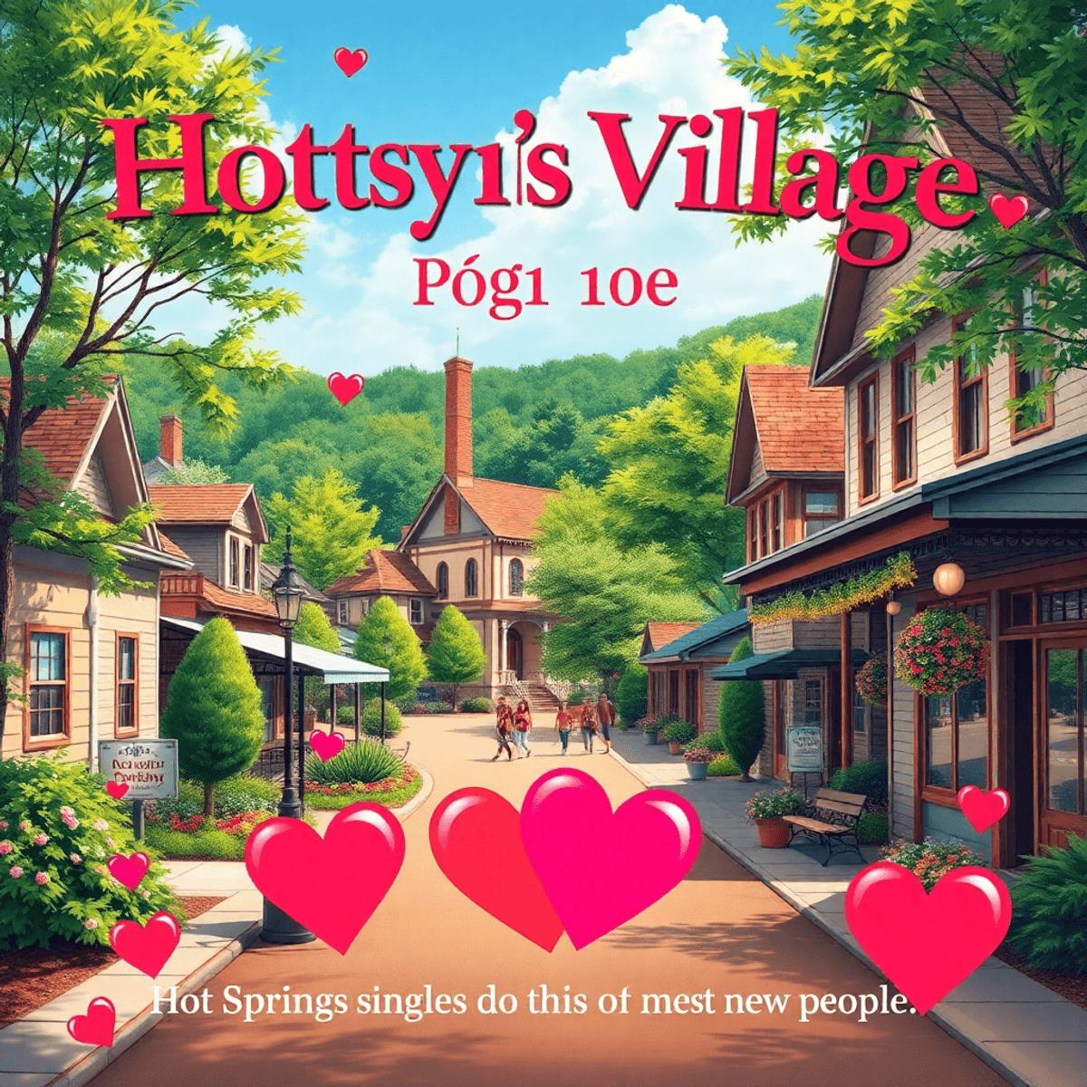 A charming small-town scene in Hot Springs Village, Arkansas, showcasing cozy houses, lush greenery, and symbols of connection like hearts, evoking...