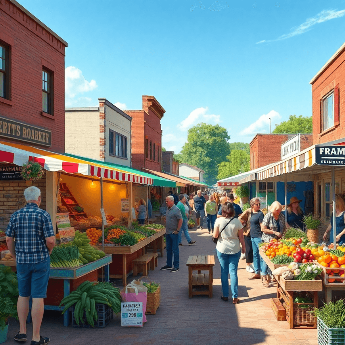 A lively farmers market in Lowell, Arkansas, showcasing fresh produce, colorful stalls, and people chatting, creating a warm and inviting community...