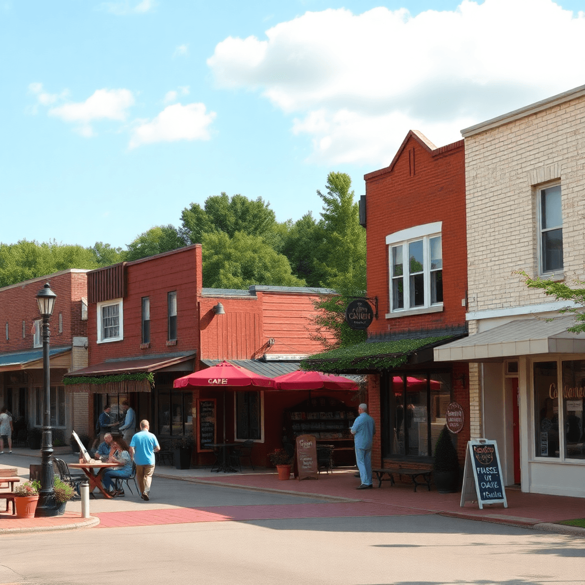 A cozy small-town street in Harrison, Arkansas, with a charming café and people enjoying a community event amidst scenic natural surroundings, radi...