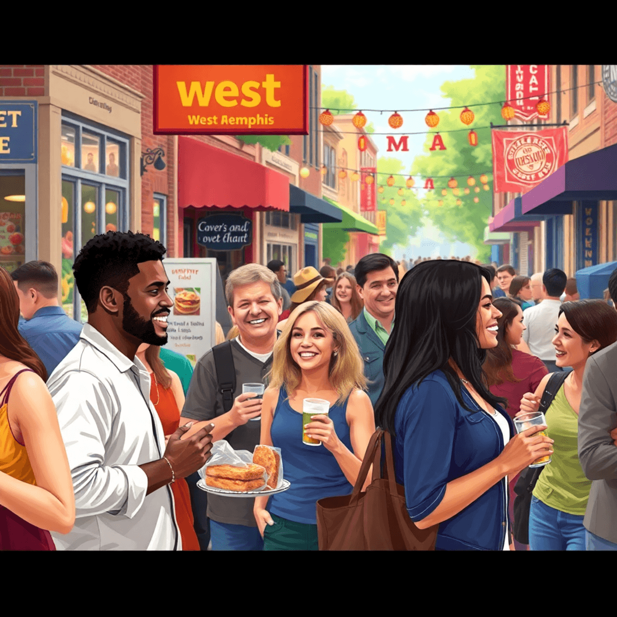 A bustling West Memphis street scene with people enjoying a community event, tasting food, and socializing amidst local shops and a festive atmosph...