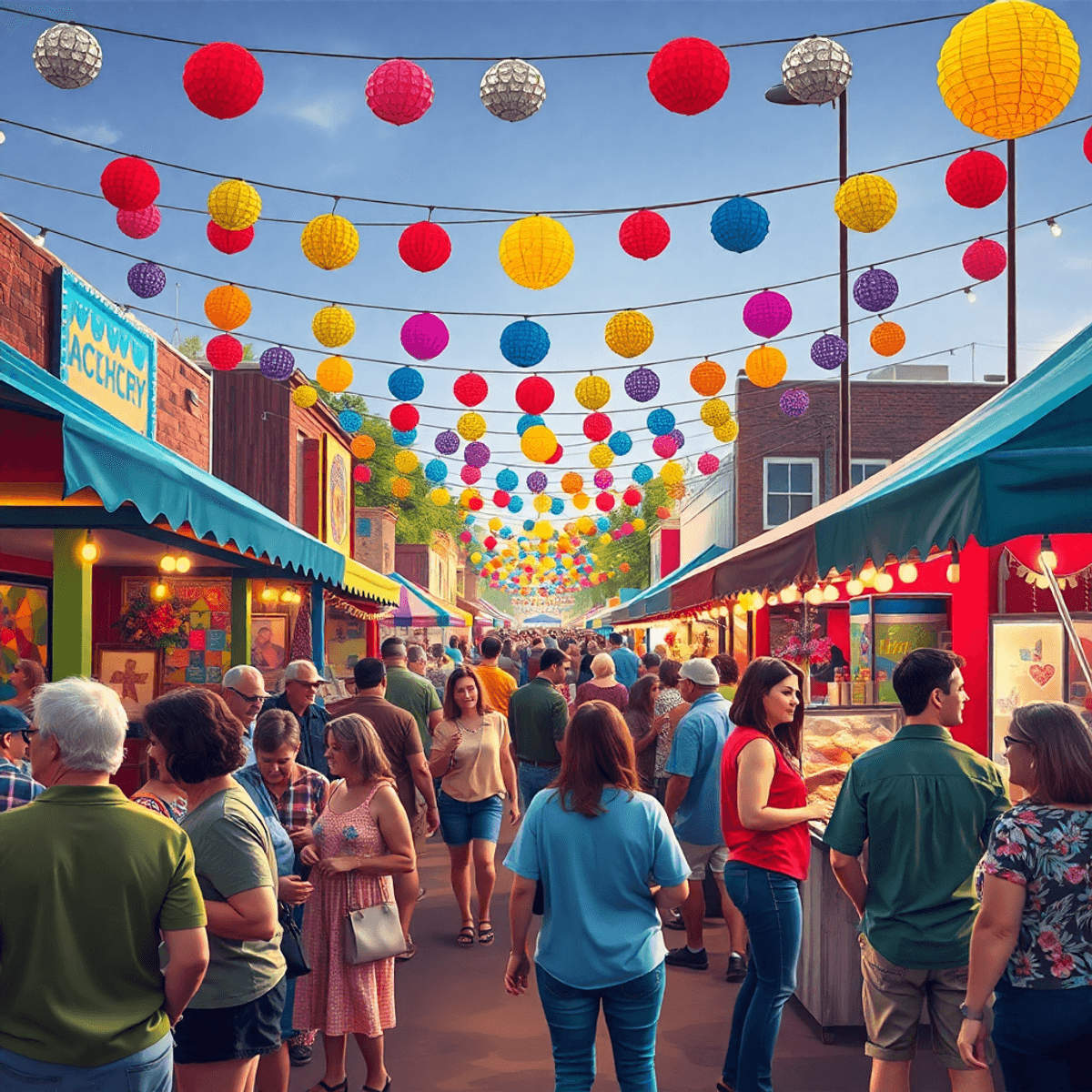 A lively small-town festival in Marion, Arkansas, showcasing colorful decorations, people enjoying live music, food stalls, and local art displays,...