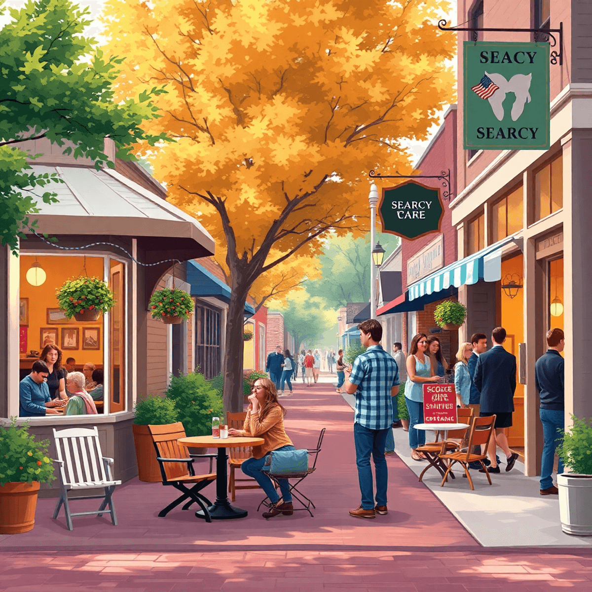 A cozy small-town street in Searcy, Arkansas, with inviting cafes and local shops, showcasing couples enjoying coffee and people mingling at a comm...