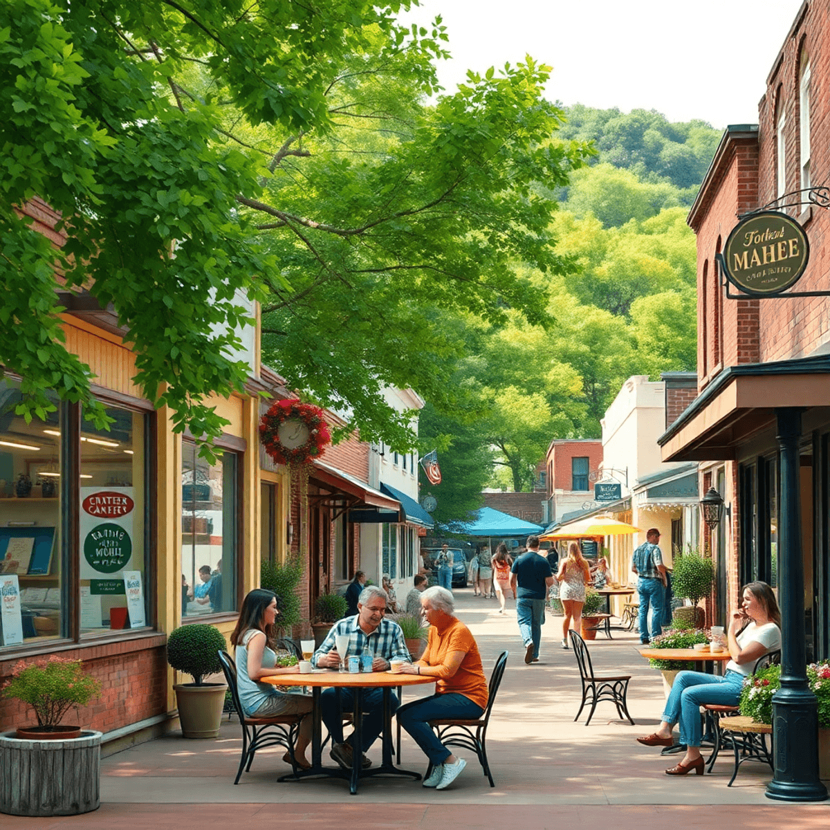 A quaint small-town scene in McGehee, Arkansas, with charming streets, local shops, and a cozy outdoor café where couples enjoy coffee and friends ...