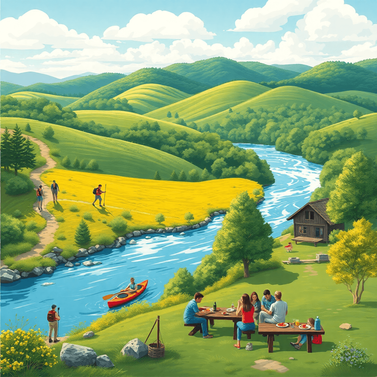 A vibrant outdoor scene in Ozark, Arkansas, featuring rolling hills, clear waters, hikers on a trail, a couple kayaking, and friends having a picni...