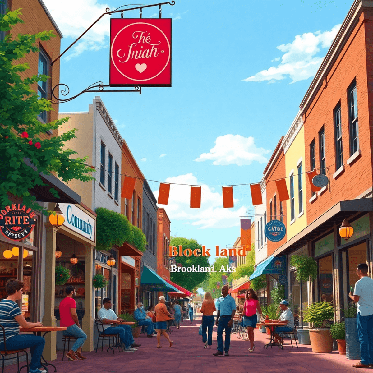 A charming street in Brookland, Arkansas, lined with cozy cafes and local shops, where people engage in friendly conversations and enjoy outdoor ac...
