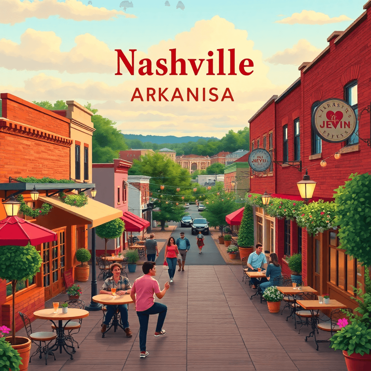 A charming small-town scene in Nashville, Arkansas, featuring cozy cafes, lively events, and romantic outdoor spaces, symbolizing connection and wa...