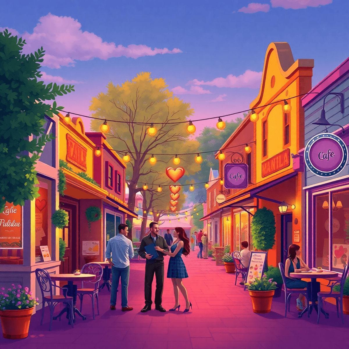 A lively small-town street in Manila, Arkansas, showcasing cozy cafes and heart-shaped decorations, with couples enjoying a warm, inviting atmosphere.