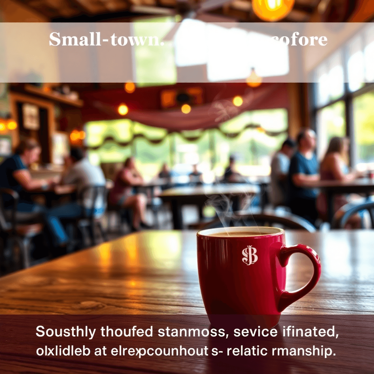 A cozy coffee shop with a steaming cup of coffee on a wooden table, warm lighting, and people socializing in the background, evoking a sense of com...