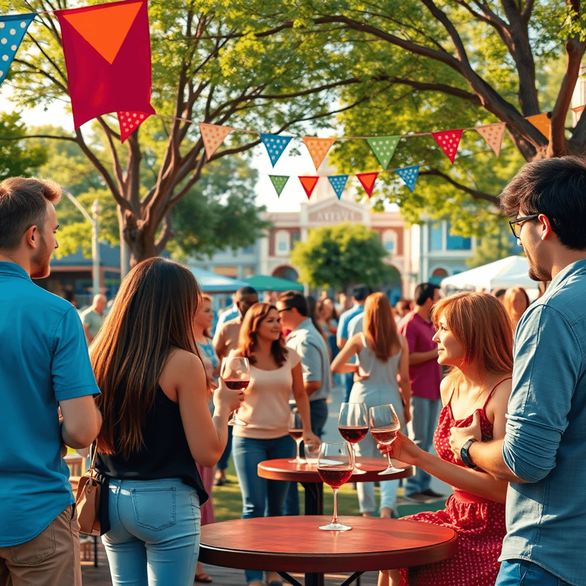 A lively community gathering in a park in Austin, Arkansas, with people enjoying wine tasting, colorful banners, and charming small-town architectu...