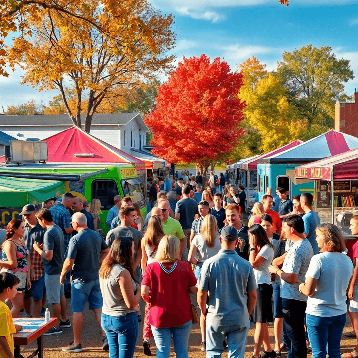 A lively small-town festival in Gentry, Arkansas, featuring colorful booths, food trucks, and people mingling amidst autumn leaves and enjoying liv...