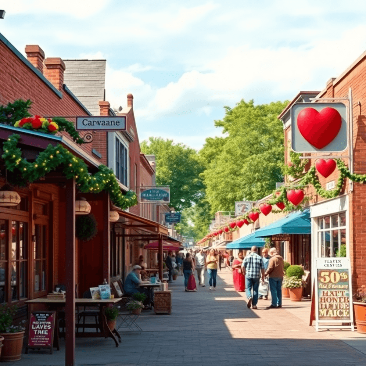 A charming small-town street in Ashdown, Arkansas, with cozy cafes, heart-shaped decorations, and couples enjoying vibrant community events, creati...