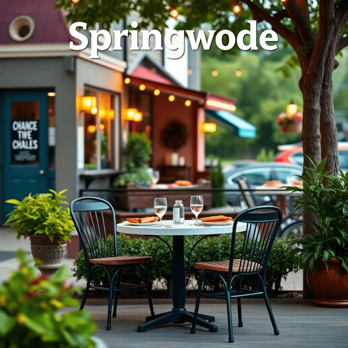 A cozy outdoor dining setting with a beautifully set table and two empty chairs, surrounded by greenery and warm lighting, evoking a charming small...
