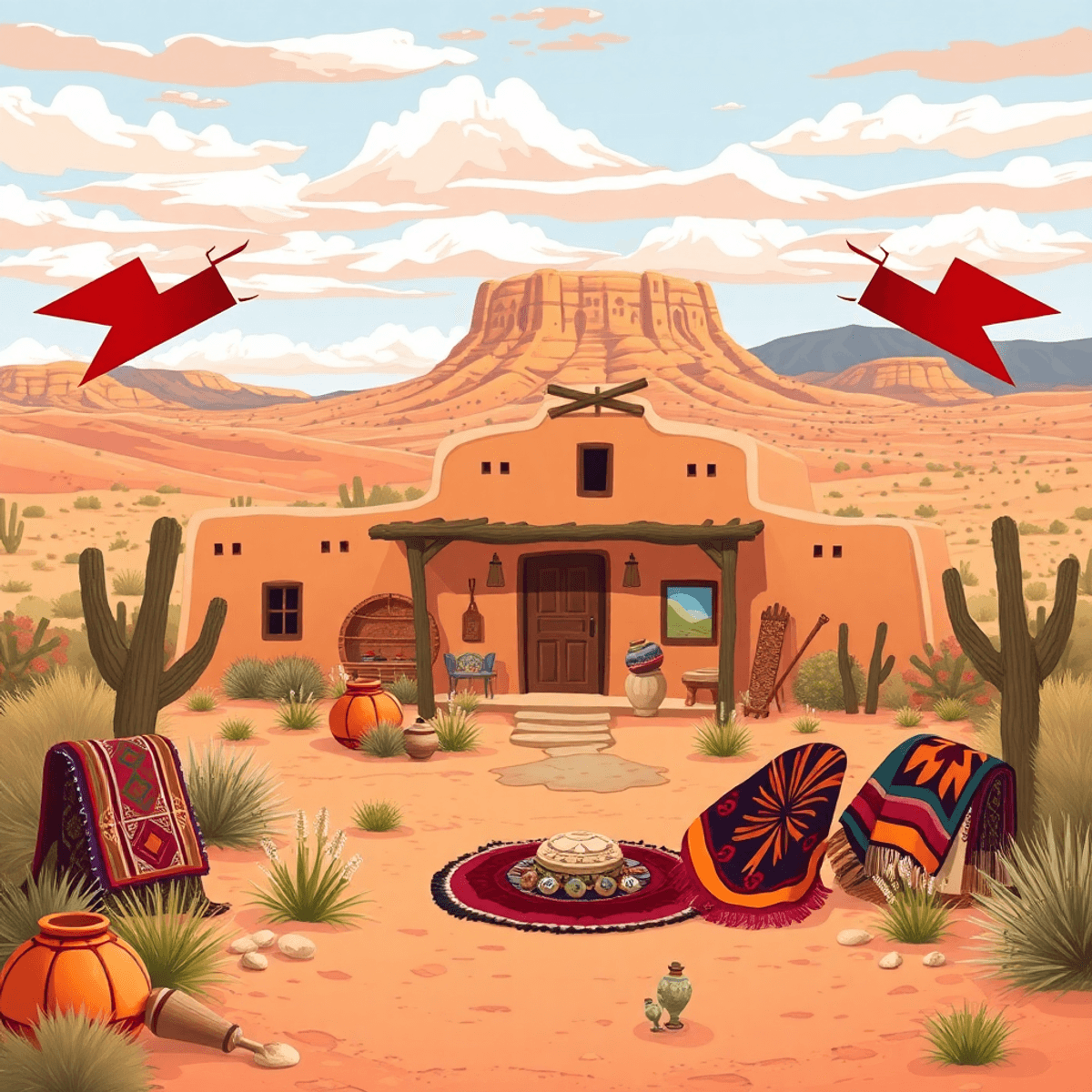 A picturesque desert landscape in Nazlini, Arizona, showcasing a traditional adobe home surrounded by colorful blankets and pottery, reflecting com...