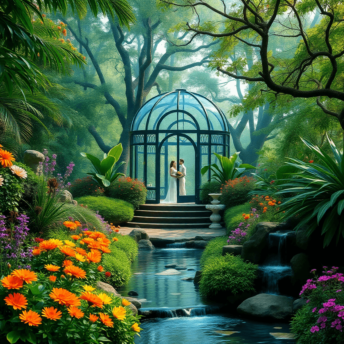 A romantic botanical garden with vibrant flowers, lush greenery, and a stunning glass chapel. Serene streams and waterfalls enhance the enchanting ...