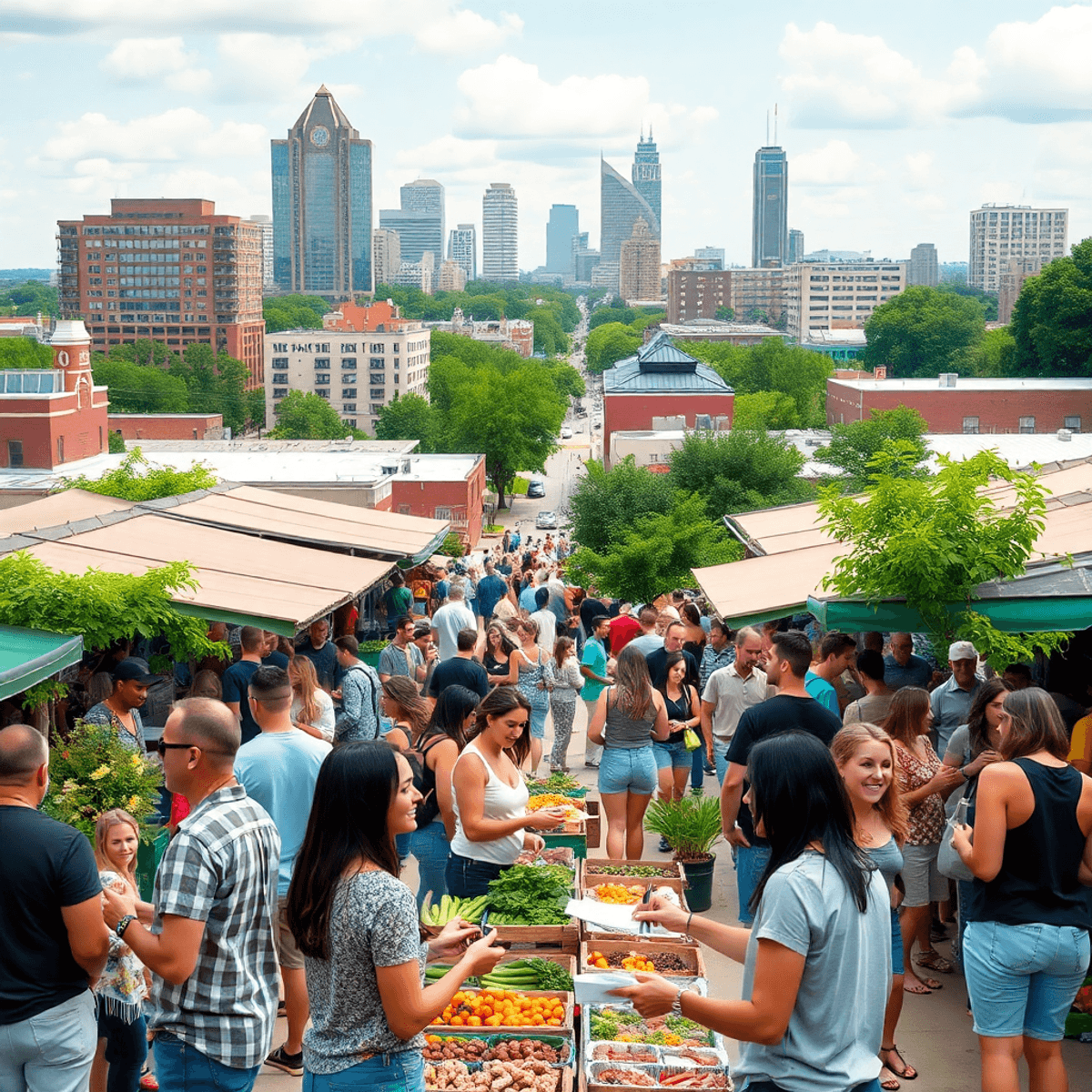 A bustling farmers market in North Little Rock, Arkansas, with people enjoying local food amidst green parks and a vibrant cityscape.