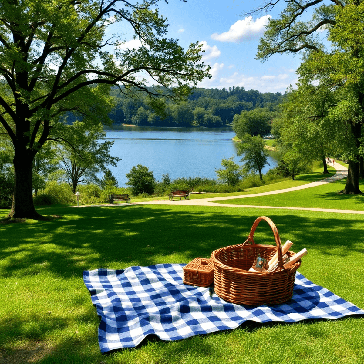A scenic view of Spring Lake Park with lush greenery, a serene lake, and walking paths, featuring a cozy picnic setup with a blanket and basket for...