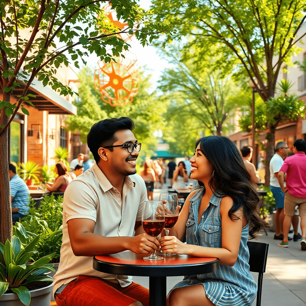 A couple smiling and engaged in conversation at an outdoor café, surrounded by lush greenery and art installations, capturing the lively charm of B...