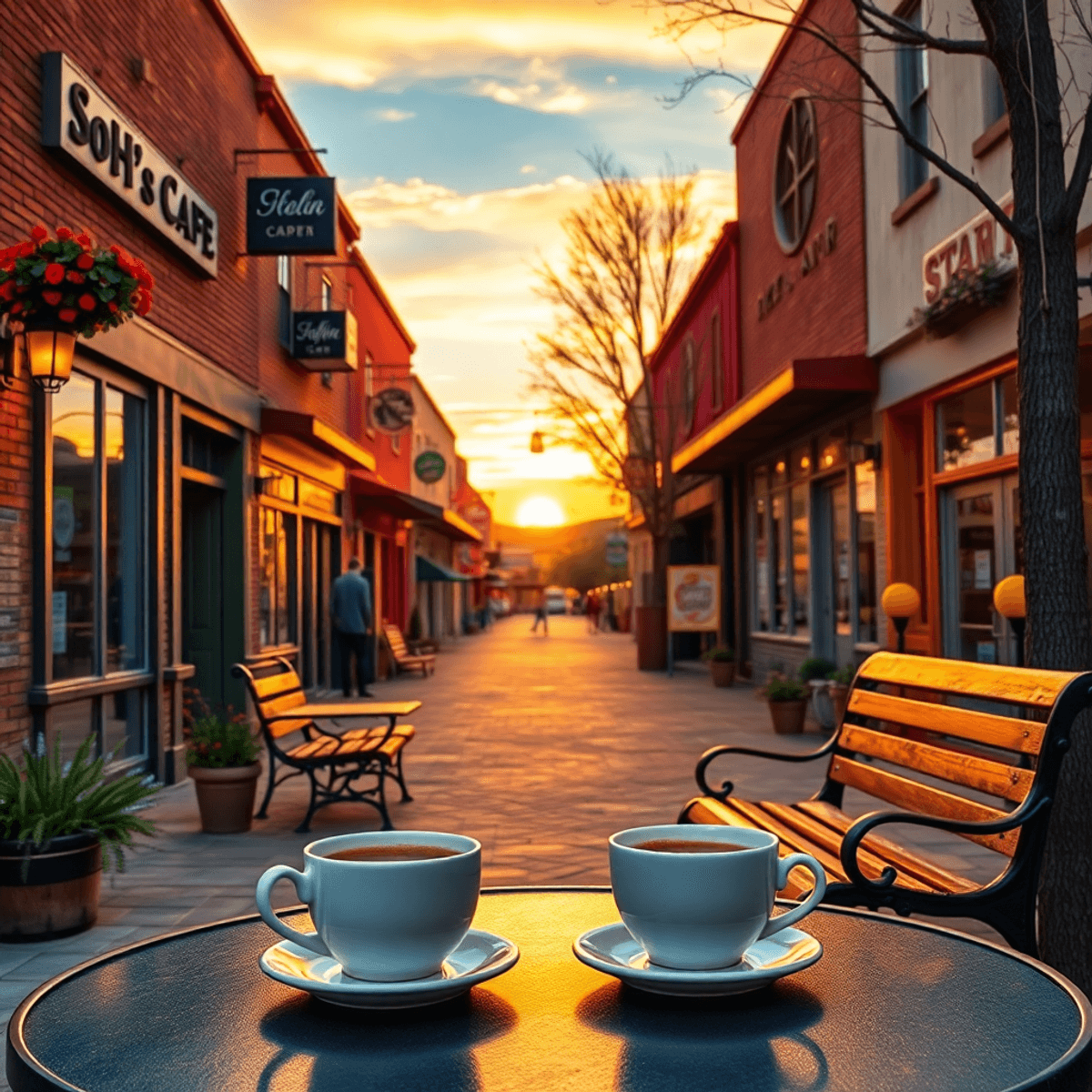 A scenic small-town street in So-Hi, Arizona at sunset, showcasing cozy cafes, local shops, two coffee cups on a table, and a park bench inviting c...