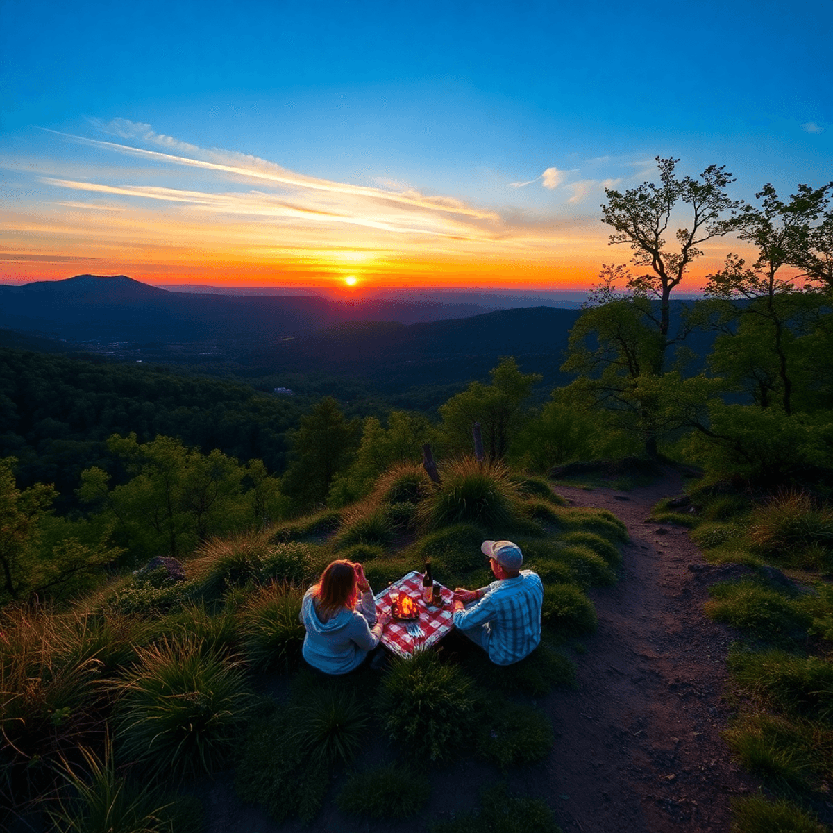 A scenic view of the Ozark Mountains at sunset, with lush greenery, a hiking trail, and a cozy picnic setup, capturing romance and adventure in nat...