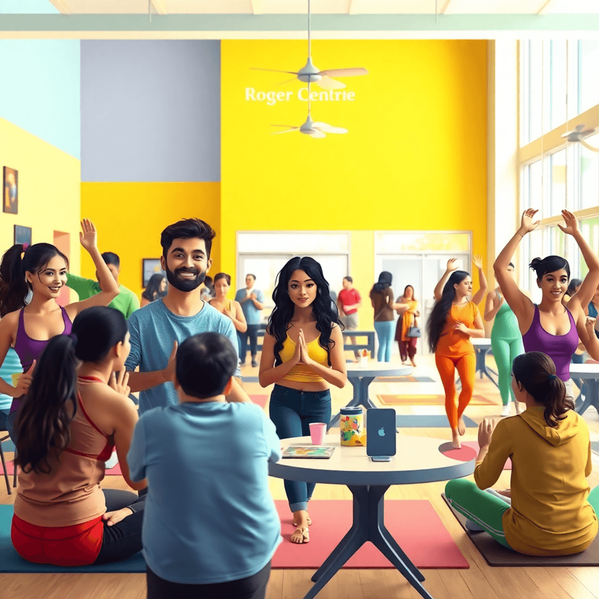 A lively community center scene in Rogers, Arkansas, featuring people engaging in yoga, group exercises, and gaming, highlighting connection and so...