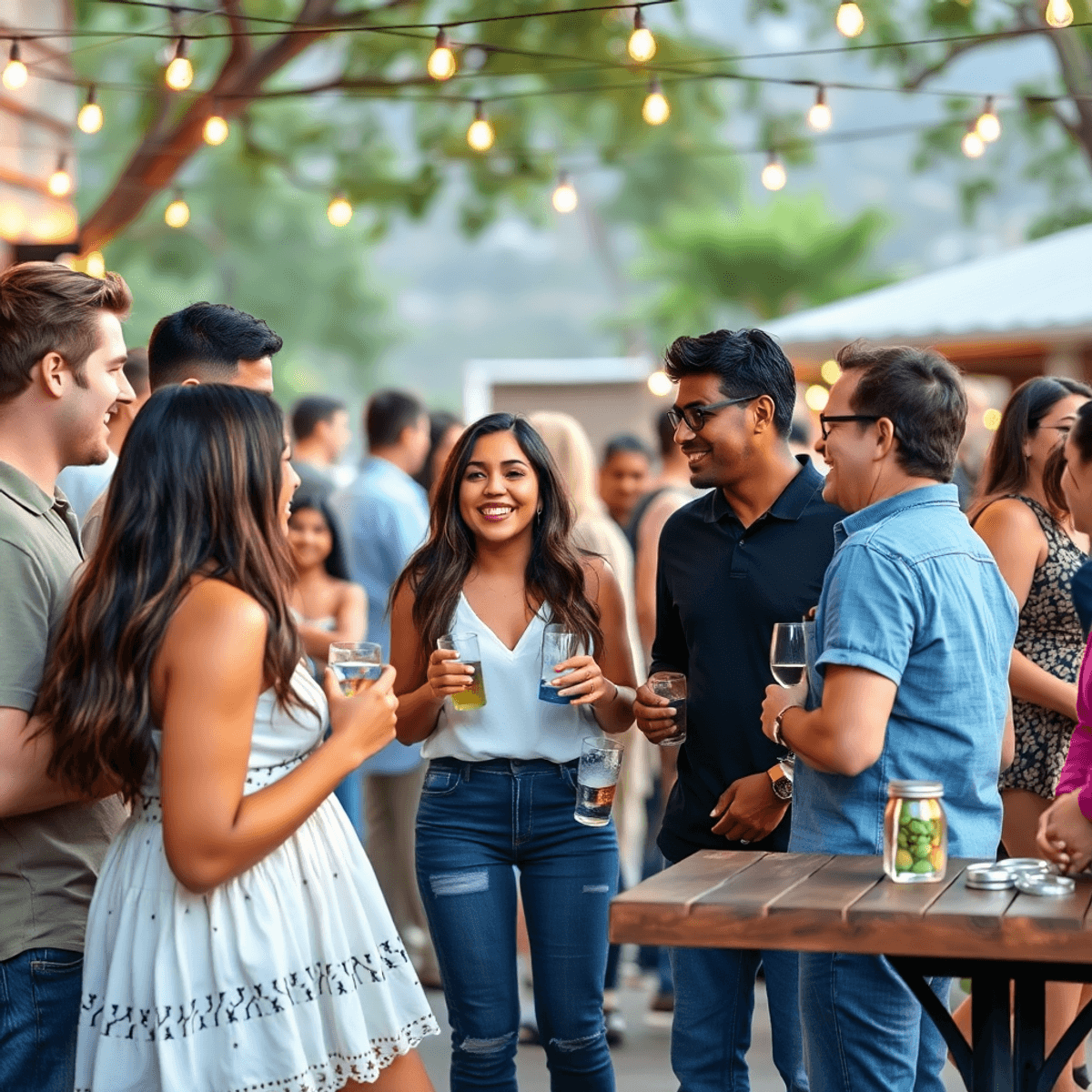 A lively outdoor scene of young adults mingling at a local event, laughing and enjoying each other's company, surrounded by string lights and rusti...