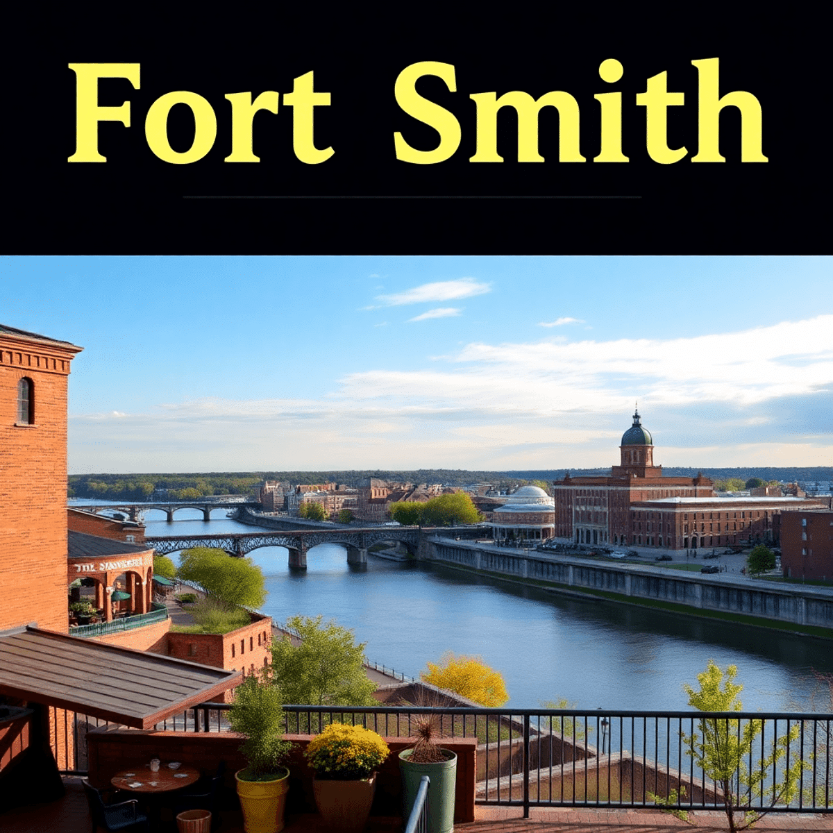 A scenic view of Fort Smith, Arkansas, featuring the U.S. Marshals Museum and historic architecture along the Arkansas River, with cozy coffee shop...