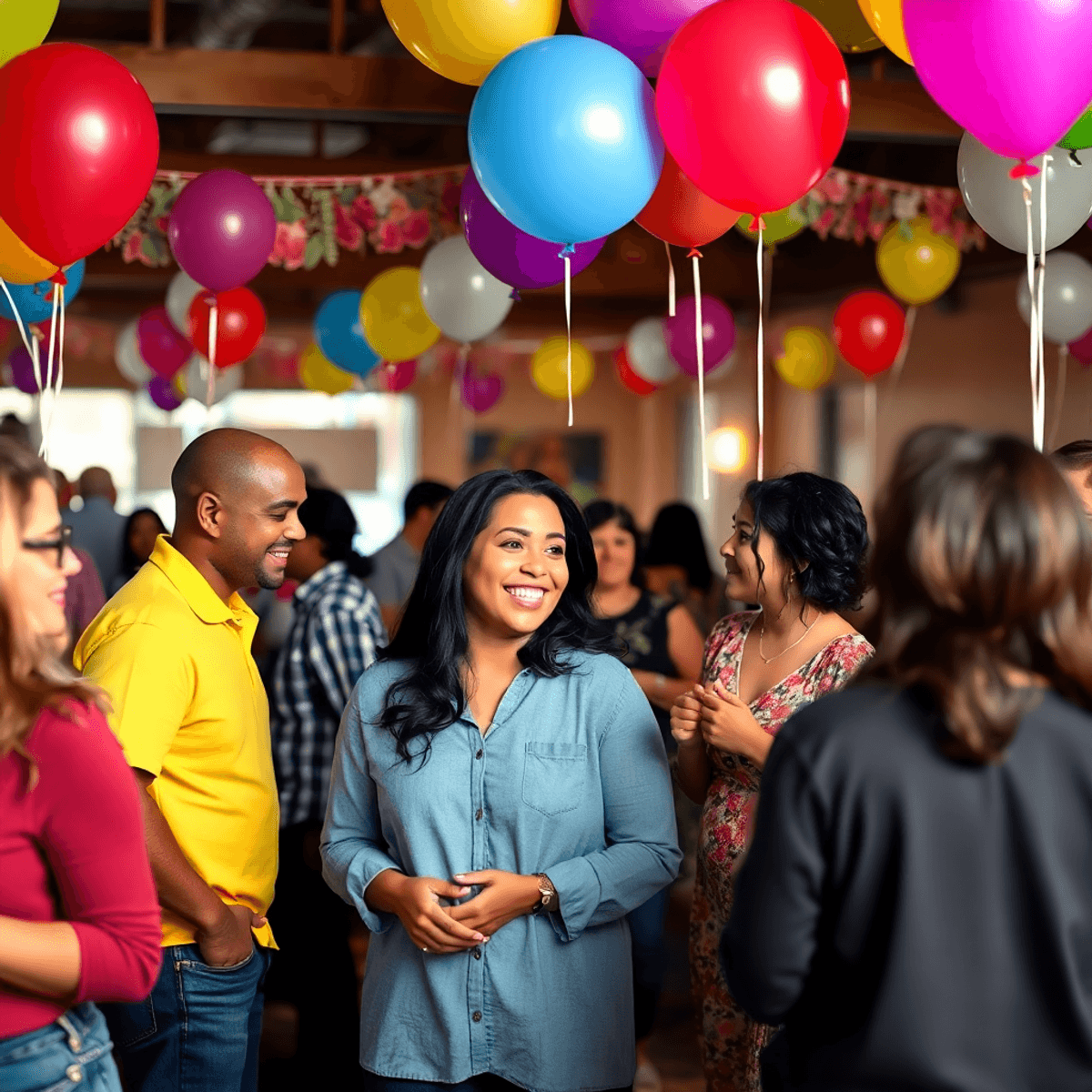 A lively community speed dating event in Pine Bluff, Arkansas, with colorful balloons and excited singles engaging in conversation against a backdr...