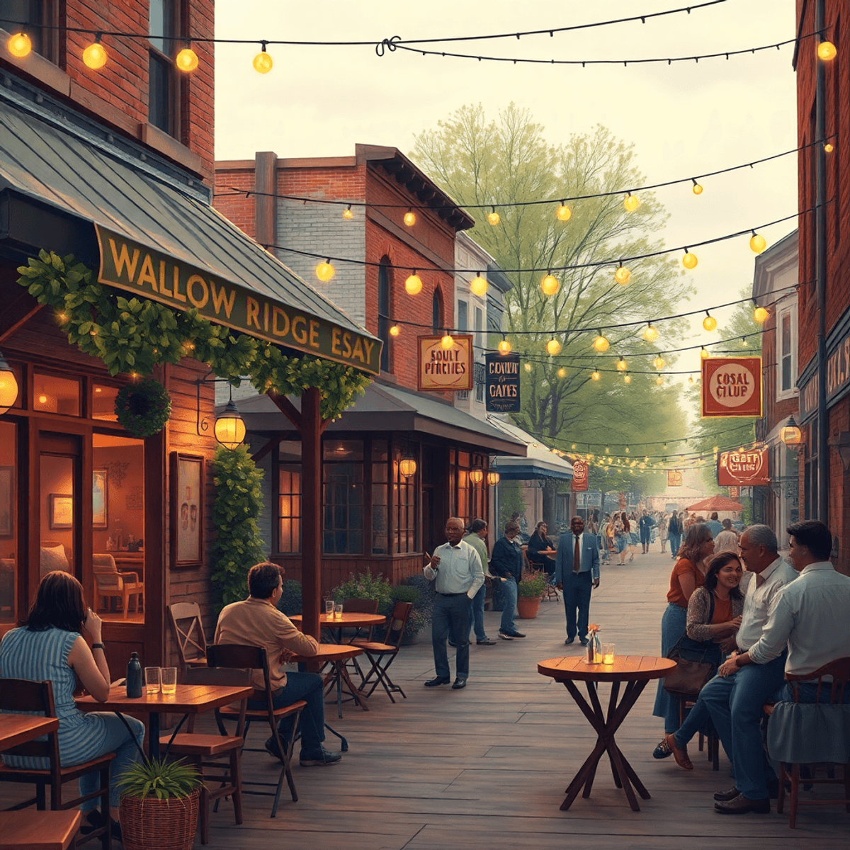 A cozy small-town street in Walnut Ridge, Arkansas, featuring a welcoming café with outdoor seating and twinkling string lights, filled with people...